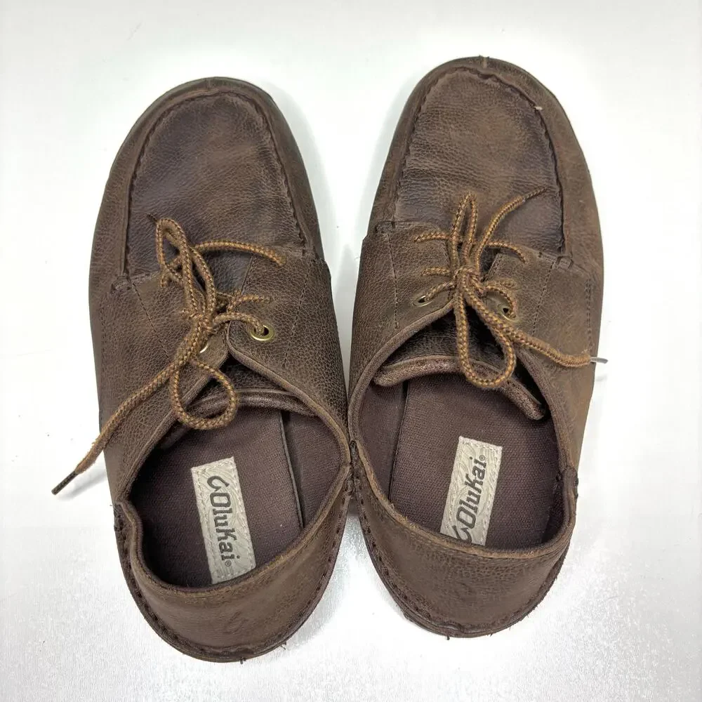 Olukai Hamakua Poko Brown Leather Moc Toe Collapsable Heel Oxford Shoes 10